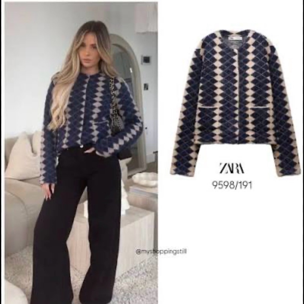 Zara Navy and Beige Patterned Jacquard Cardigan